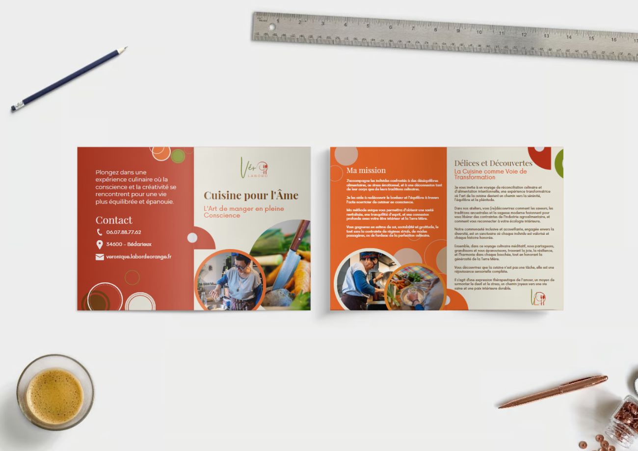 conception de brochure pour véronique labord cuisine en consccience par osez percer